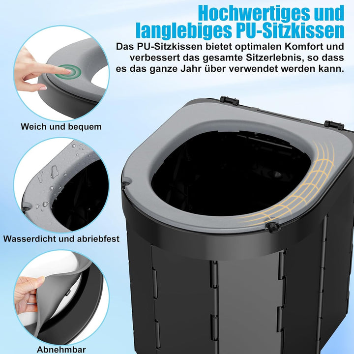 WADEO Tragbare Campingtoilette mit EVA-Komfortsitz, Faltbare Toilette Klapptoilette belastbar bis zu