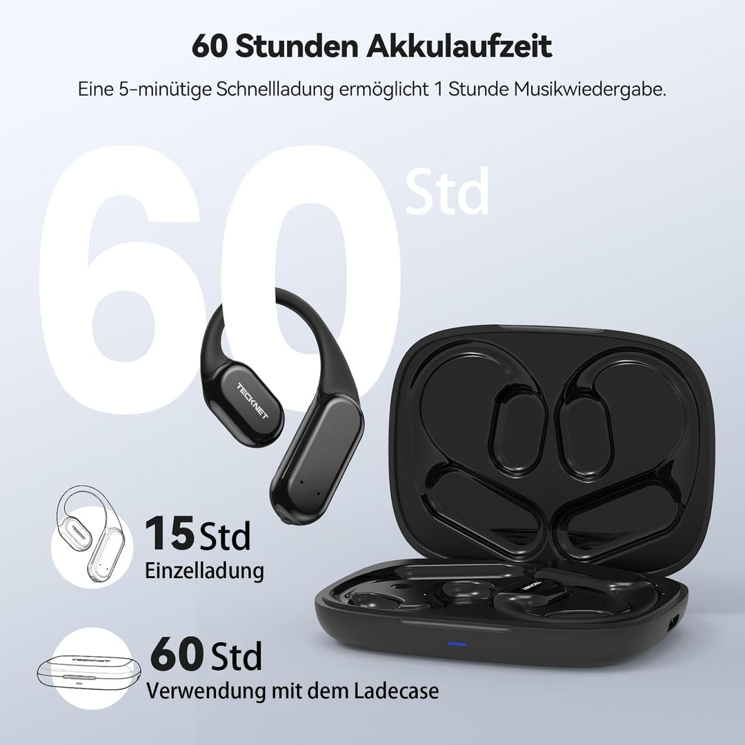 TECKNET Open-Ear Kopfhörer, Bluetooth Kopfhörer Kabellos, Knochenschall Ohrbügel, 60 Stunden Spielze