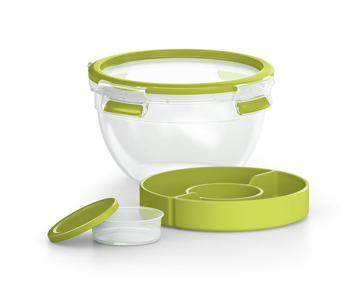 EMSA CLIP&amp;GO FOOD Runde Salatbox 2,6 L + 2 Fächer Grün hermetischer Aufbewahrungstransport N1071300