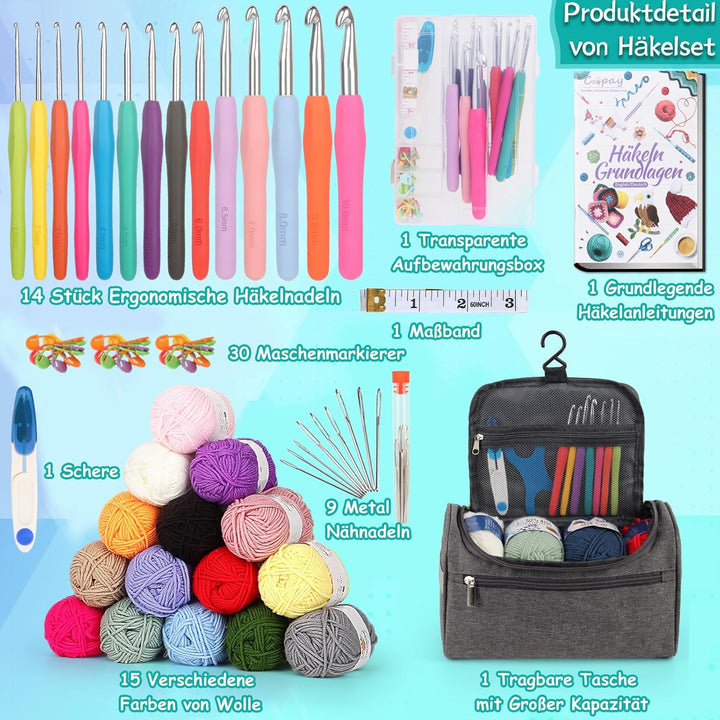 Coopay 73 Stück Häkelset für Anfänger, Tragbar Häkelnadel Set mit 15 Wolle, Tasche, Häkelzubehör, 2,