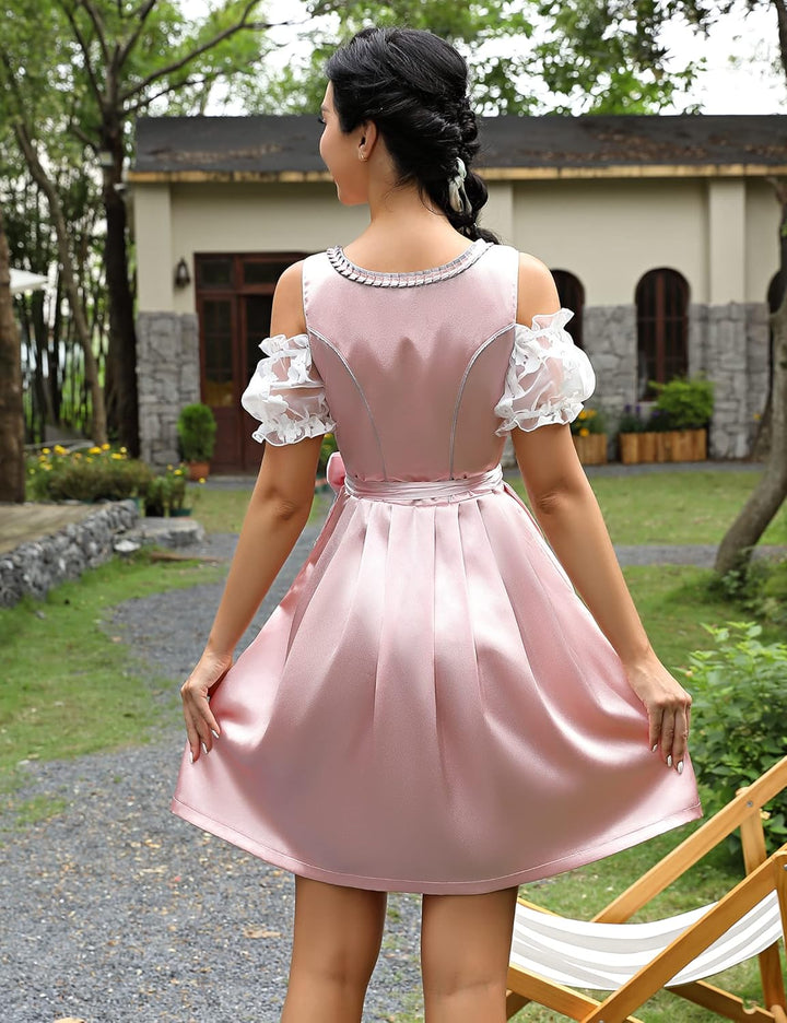 KOJOOIN Trachtenkleid Damen Dirndl Kurz Midi 3tlg. für Oktoberfest-DREI Teilig: Kleid, Bluse, Schürz