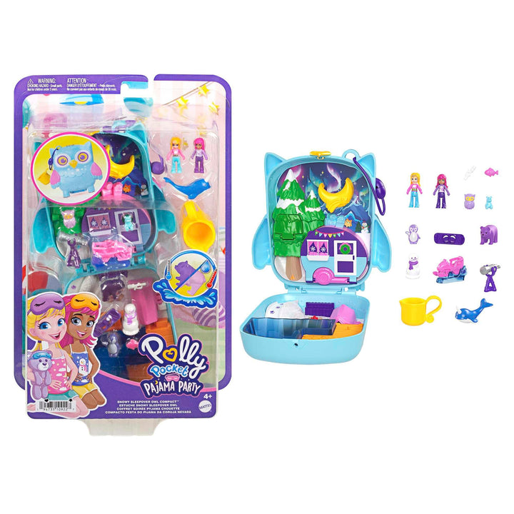 Polly Pocket Pyjamaparty Schnee-Eule - Spielset mit Wasserspass und 2 Teilen mit Farbwechseleffekt,