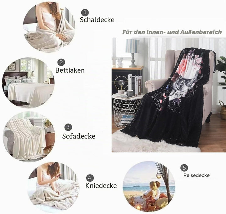 Totenkopf-Überwurfdecke, Zuckerschädel und Blumen, warme Fleecedecke für Sofa, Couch, Bett, Stuhl fü