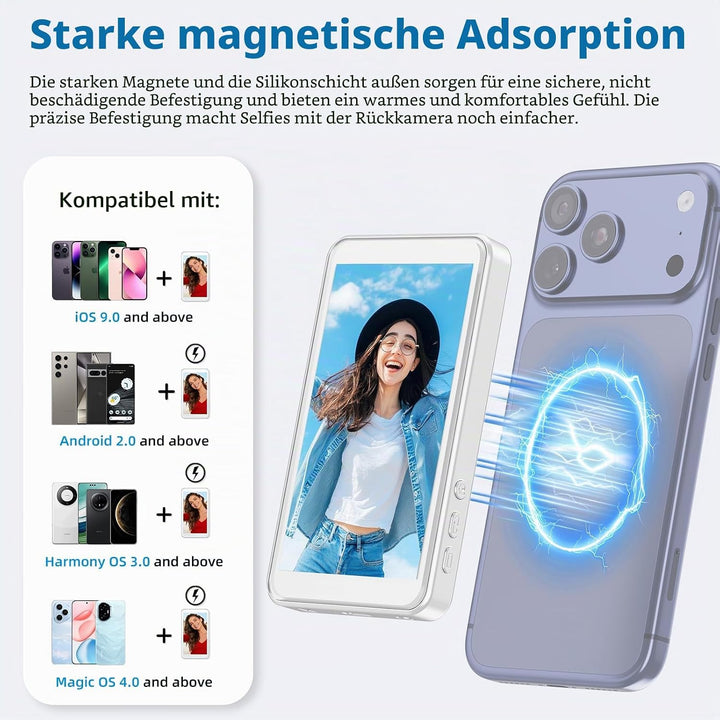 handlicher Selfie-Monitor-Bildschirm für iPhone & Android - Magnetischer Vlog-Selfie-Spiegel für Tel
