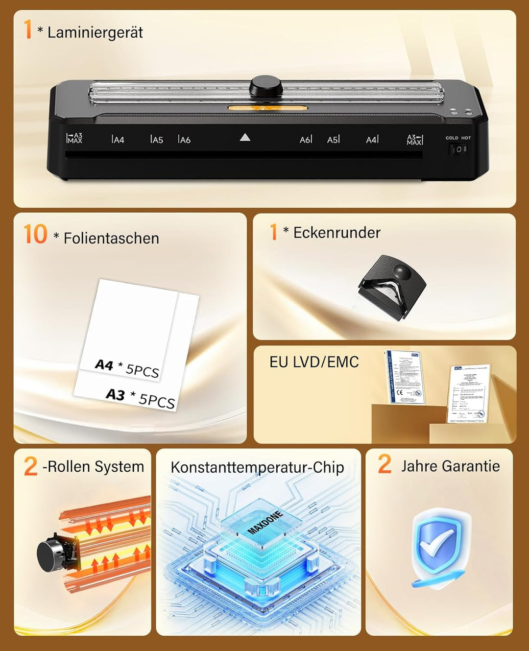MAXDONE Laminiergerät, A3 Laminiergerät Eingebauter Cutter, Laminiermaschine mit 10 Folien und Eckru