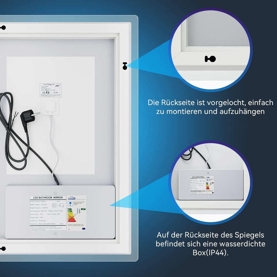 SONNI Badspiegel mit Beleuchtung 50x70cm beschlagfrei Wandspiegel Badezimmerspiegel mit Touchschalte