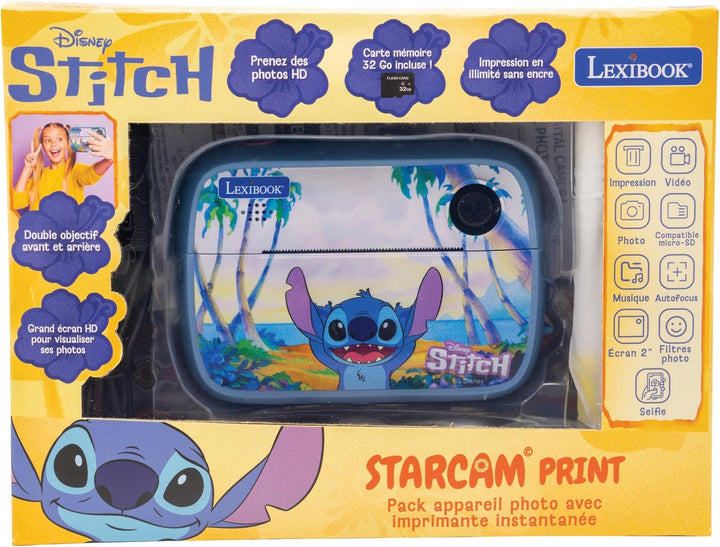 Lexibook, Starcam® Print Disney Stitch, HD-Digitalkamera-Set mit Sofortdrucker, SD-Karte und Fotoper