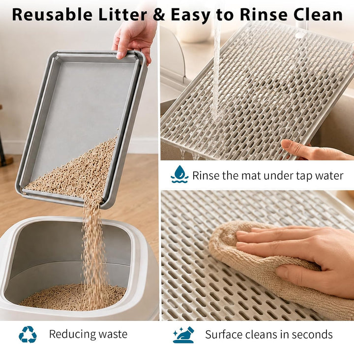 Katzenstreu Rampe mit Filterfunktion - rutschfeste Katzentoilettenstufe mit 4cm Hohe Holzfüsse - Kat
