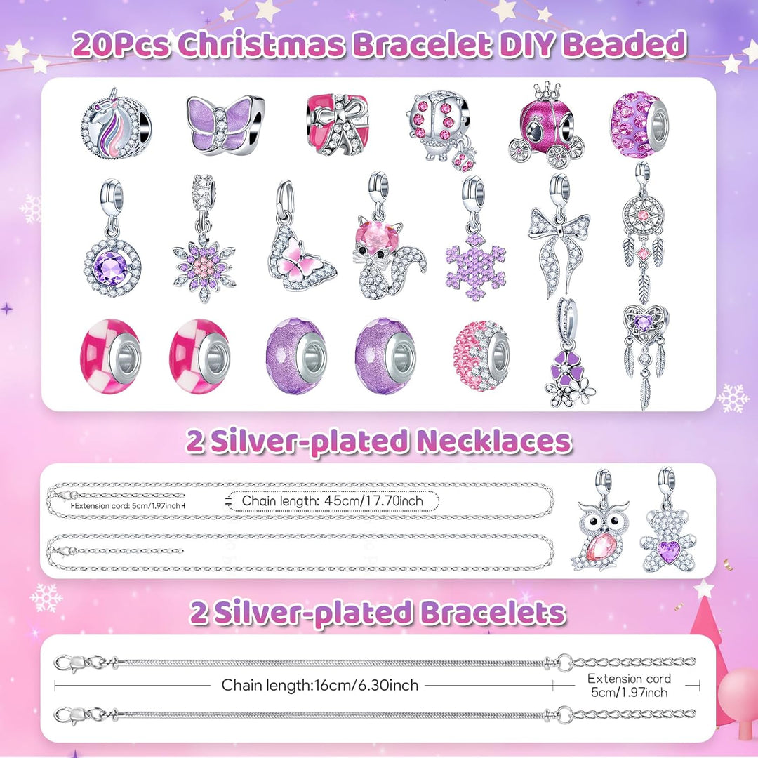 Adventskalender 2025 Kinder Mädchen, Weihnachtskalender Armband Halsketten Charm Mädchen Schmuck, 24
