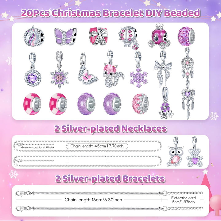 Adventskalender 2025 Kinder Mädchen, Weihnachtskalender Armband Halsketten Charm Mädchen Schmuck, 24