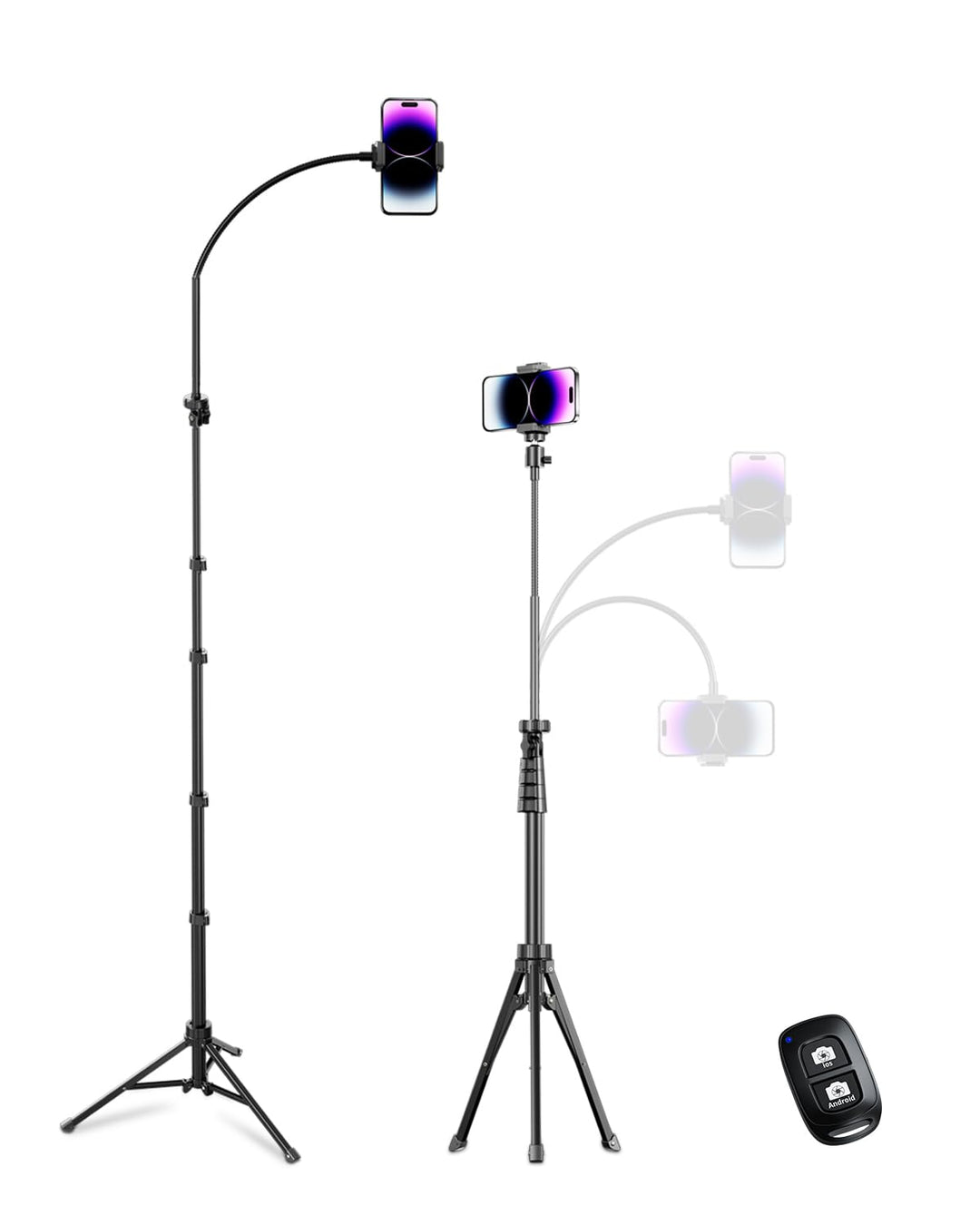 Aureday Handy Stativ Ständer 223cm Selfie Handy Stativ mit 38cm Flexibler Schlauch 360° Drehbarer, B