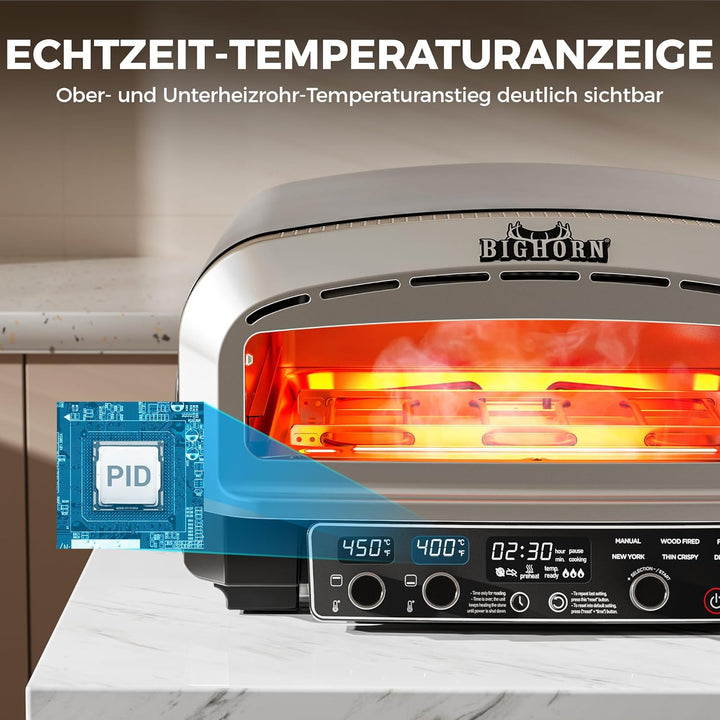 BIG HORN OUTDOORS Pizzaofen für den Innenbereich, 35 cm Elektro-Tischpizzaofen mit 6 voreingestellte
