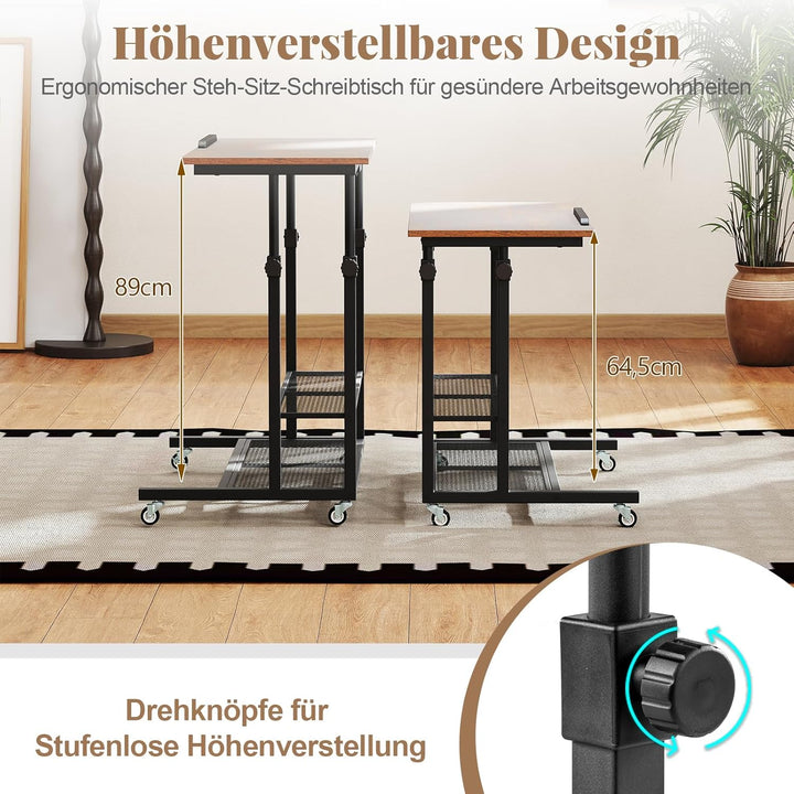 COSTWAY Betttisch auf Rollen höhenverstellbar, Pflegetisch mit neigbarer Tischplatte, Ablage & Kante
