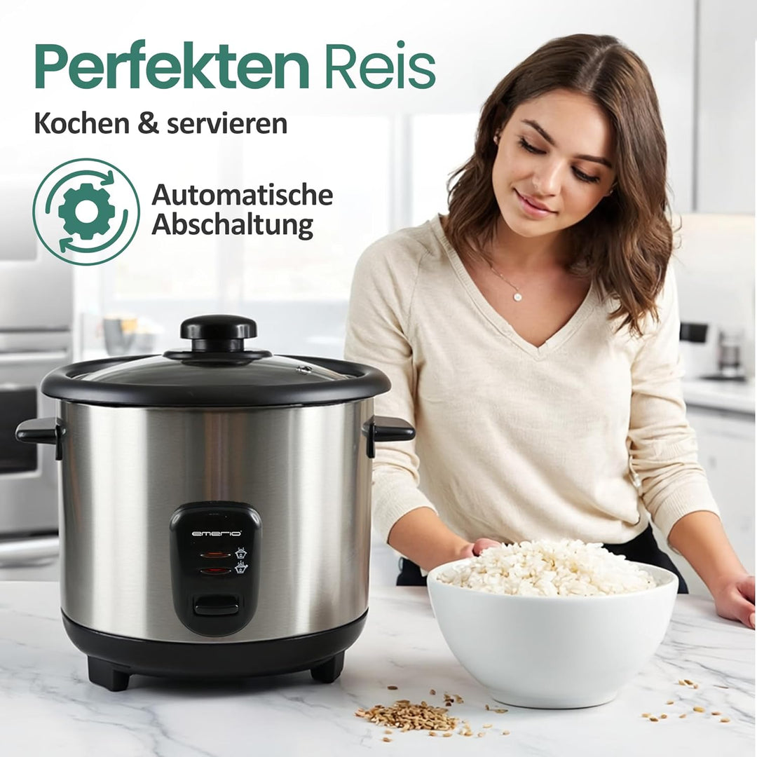 Emerio automatischer Eco Reiskocher, BPA frei, mit 1.5L Volumen, Warmhaltefunktion, Auto Off, Antiha