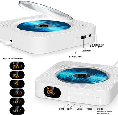 Tragbarer CD Player Bluetooth, Qoosea Wandmontierbar Eingebaute HiFi-Lautsprecher für Kinder, Music