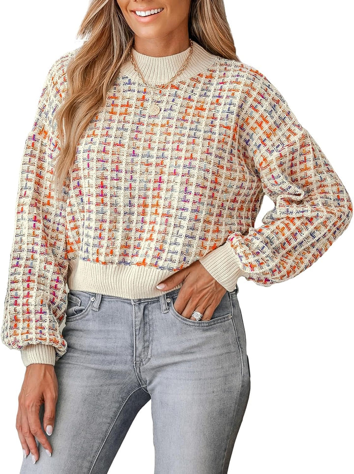 CUPSHE Damen Strickpullover Rundhals Puffärmel Melange Optik Grobstrick Pulli Oberteile Crop Tops Kn
