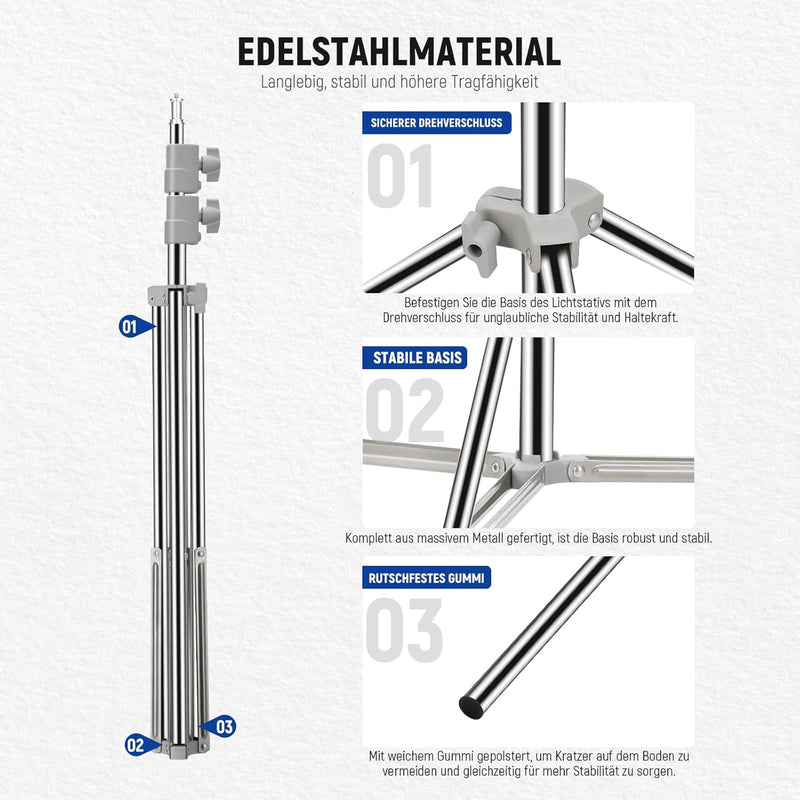 NEEWER Verbesserter 75"/190cm Lichtständer Licht Stativ Edelstahl federbelastet, faltbares Fotostati