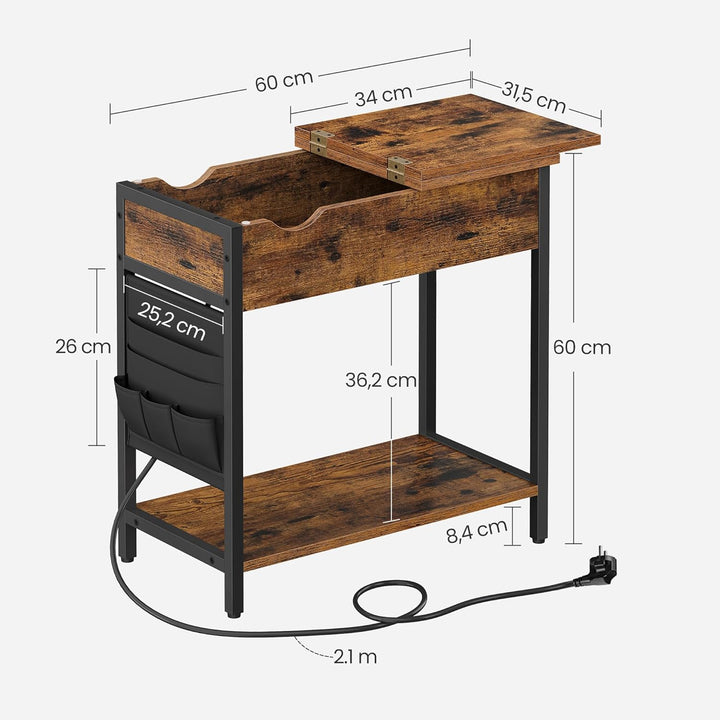 VASAGLE Beistelltisch, 2er Set, Nachttisch mit Steckdose, schmal, mit USB-Anschlüssen, Tasche, für W