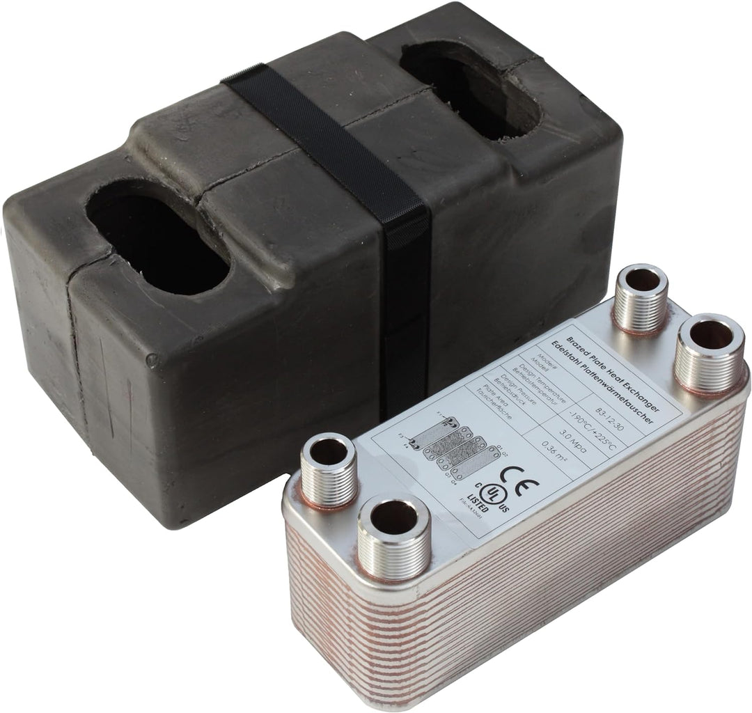 Edelstahl Plattenwärmetauscher + Isolation B3-12-30 mit 2x1/2 & 2x3/4 Zoll Anschl. 65kW Heizung Sola