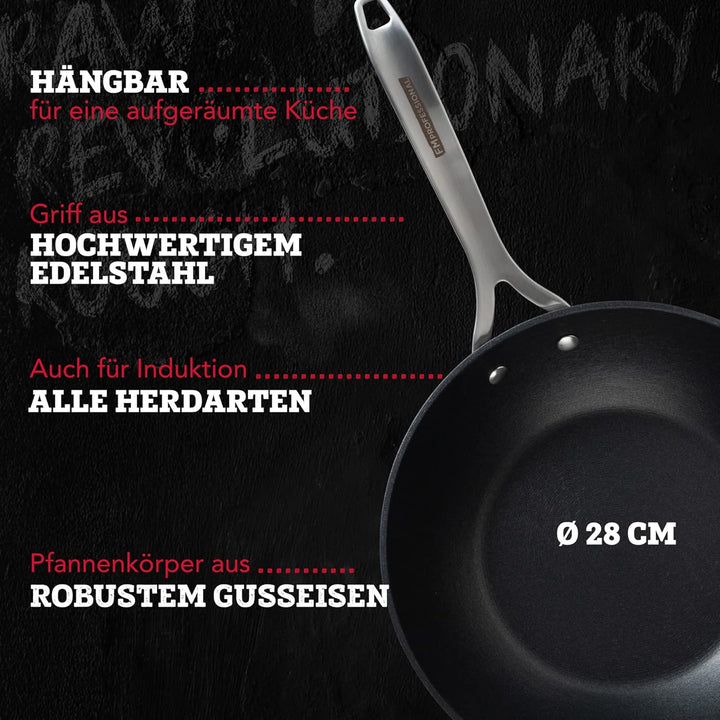 FMprofessional Force Wokpfanne aus Gusseisen 28 cm – Bratpfanne mit hochwertiger Antihaftbeschichtun