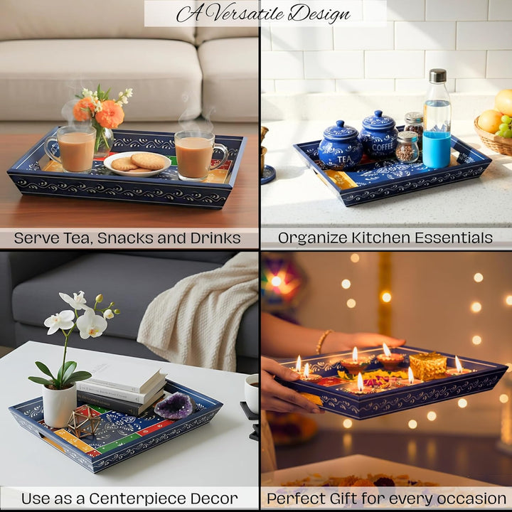 Swadeshi Blessings Serviertablett-Set aus Holz, handgefertigt und handbemalt, für Küche/Tisch und He