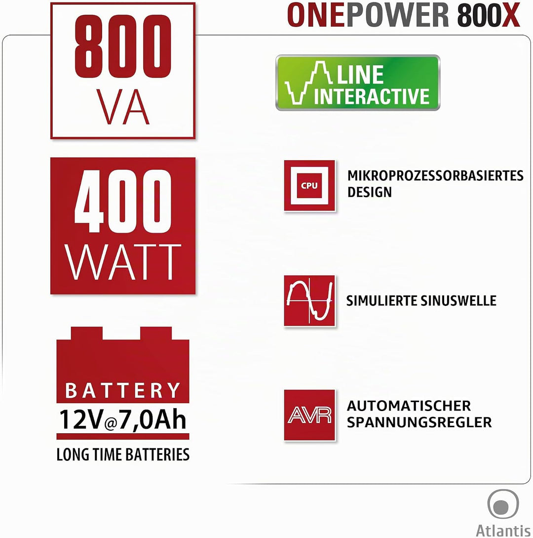 Atlantis Land OnePower PX800 Netzteil, Nicht unterbrechbar, 800 VA, 4 AC-Ausgänge – Stromversorgung