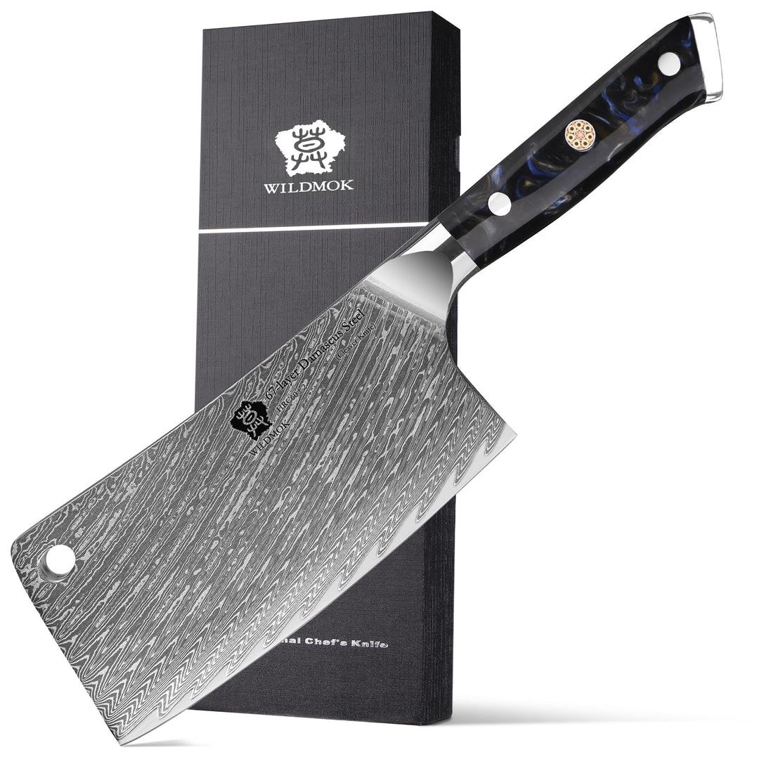 WILDMOK Fleischerbeilmesser, 16.5 cm Fleischbeilmesser, professioneller Metzgerhacker aus Damaststah