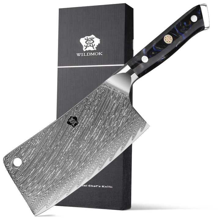 WILDMOK Fleischerbeilmesser, 16.5 cm Fleischbeilmesser, professioneller Metzgerhacker aus Damaststah