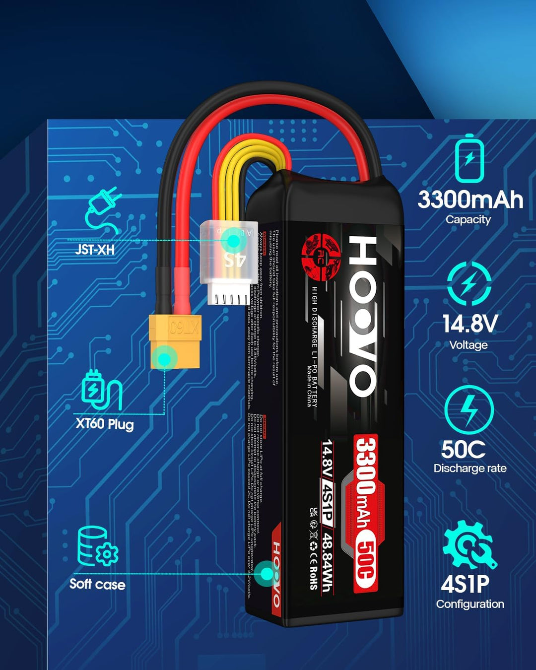 HOOVO 4S Lipo Akku 14,8V 3300mAh 50C RC Battery Softcase mit XT60 Stecker für RC Car Buggy Hubschrau