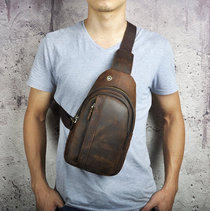 Le’aokuu Herren Echtes Leder Hüfttasche Brusttasche Bauchtsche Crossbody Bag Sling Bag Schultertsche