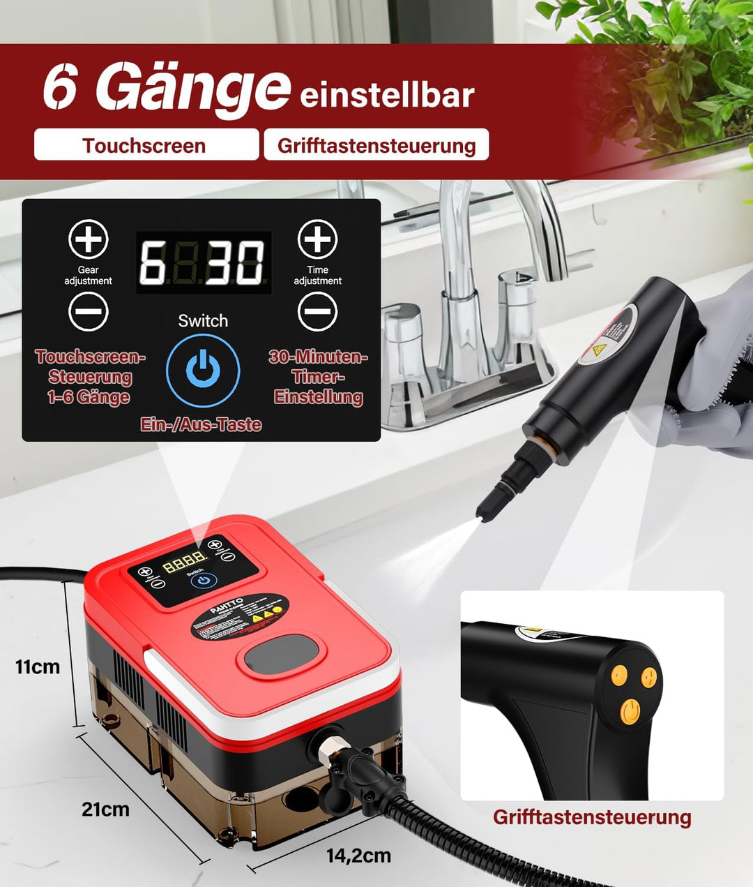 Dampfreiniger multifunktional für den Heimgebrauch, 1200 ml Wassertank, LCD-Display und verstellbare