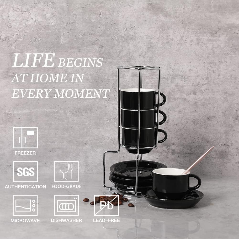Sweejar Home Porzellan Espressotassen mit Untertassen, 70 ml stapelbare Cappuccinotassen mit Metalls