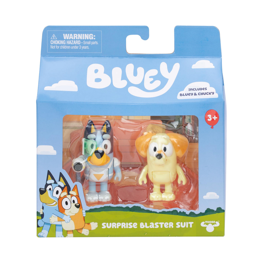 Bluey Figure 2-Pack - Surprise Blaster Suit Pack, 6.35 cm Figures of Bluey and Neighbor Chucky, Recr