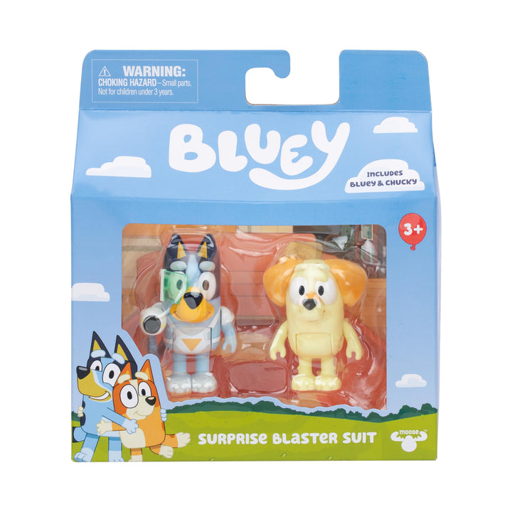 Bluey Figure 2-Pack - Surprise Blaster Suit Pack, 6.35 cm Figures of Bluey and Neighbor Chucky, Recr