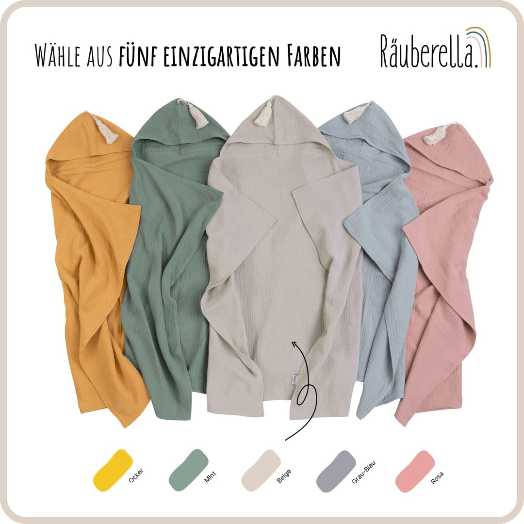 Räuberella® Kapuzenhandtuch-Baby in Beige I 75x100cm I Musselin-Badetuch-Baby aus 100% Bio-Baumwolle