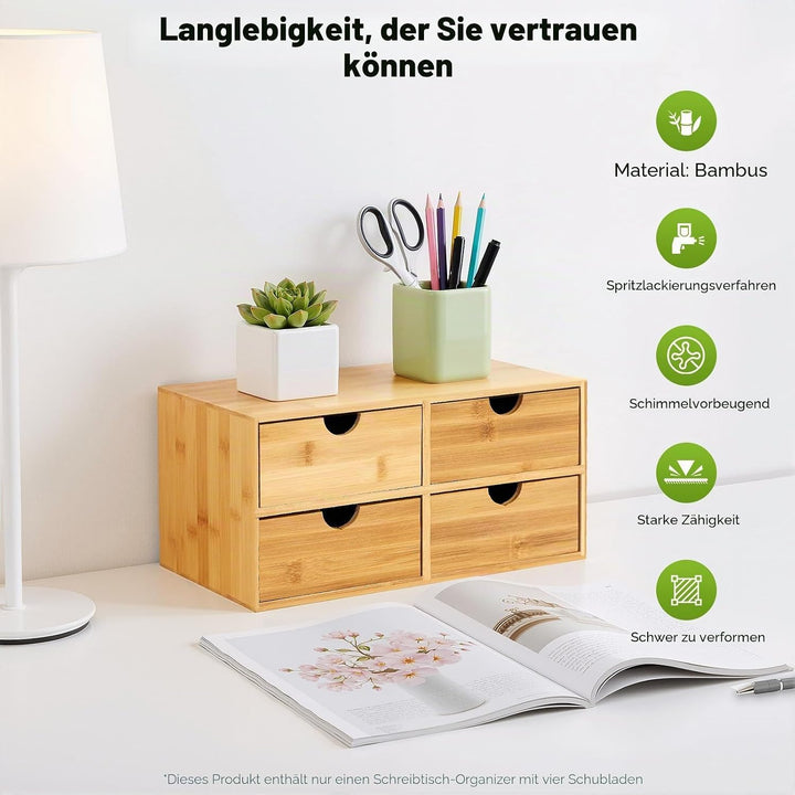 Desktop Aufbewahrung Box Bambus Vintage, 4-stufiges Schubladensystem mit stabiler Ablagefläche, natü
