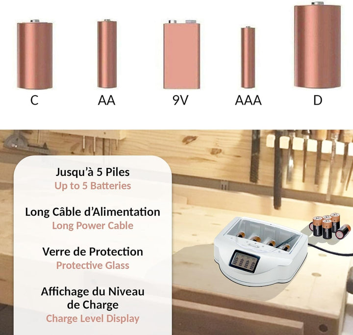 FISHTEC Universal Ladegerät für Batterien AA/LR6, AAA/LR3, C/LR14, D/LR20, 9V, NiCd und NiMh + ALKAL