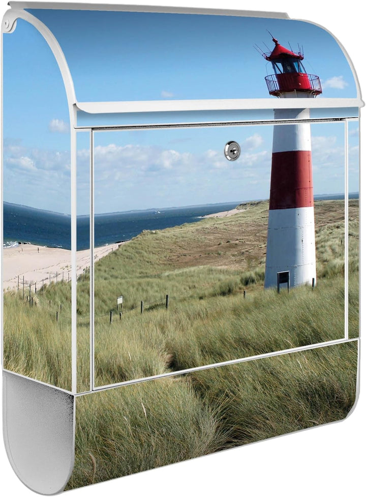 banjado® Design Briefkasten mit Motiv Leuchtturm 39x47x14cm &amp; 2 Schlüssel - Briefkasten Stahl weiss