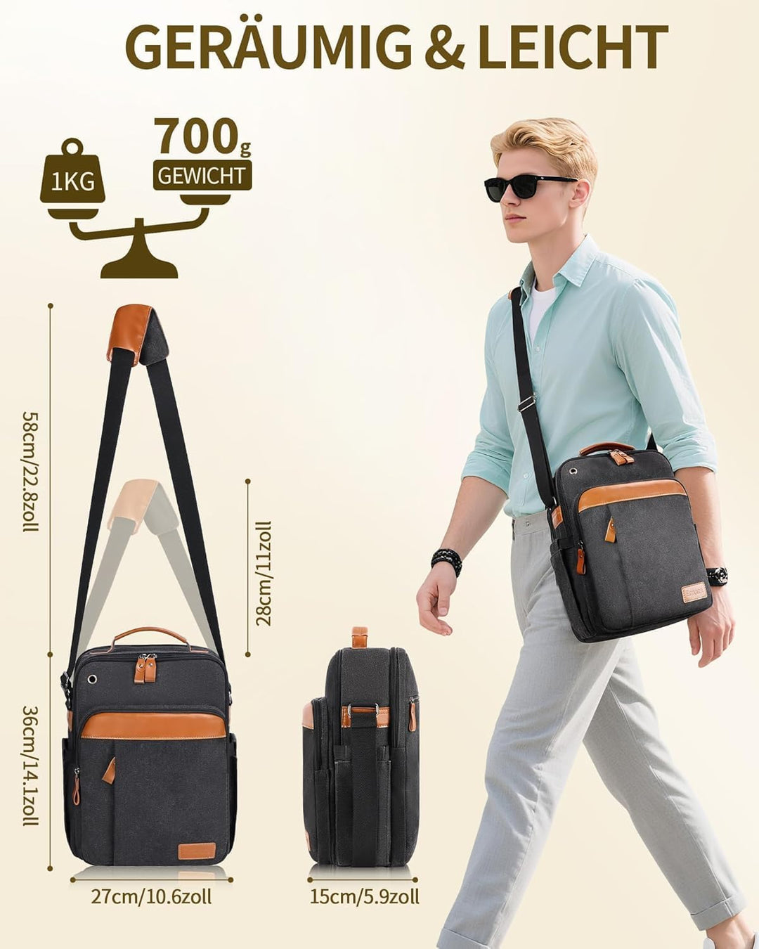 ESTARER Umhängetasche Herren, Schultertasche 13 Zoll kleine, Herrentasche Kuriertasche aus Canvas fü