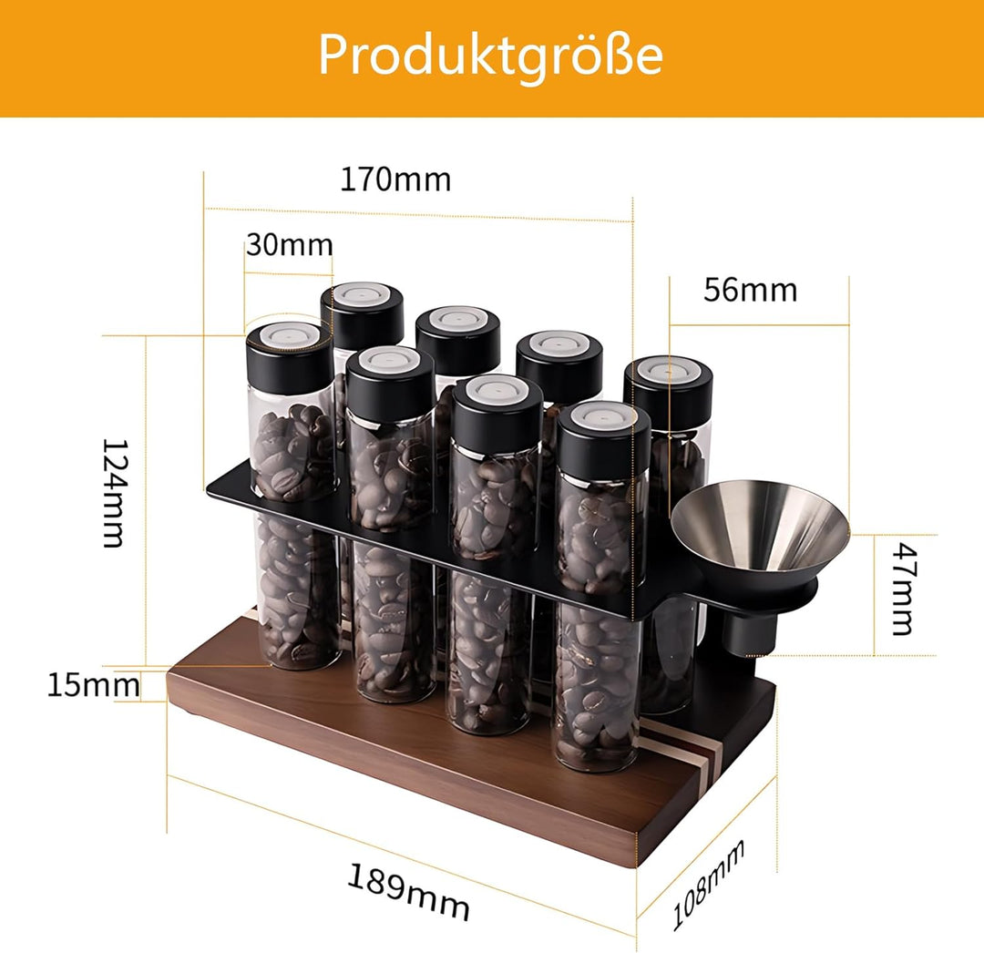 8 Tuben Kaffeebohnen Behälter, Walnuss Einzeldosis kaffeedose mit Ständer und Trichter, Espressobohn