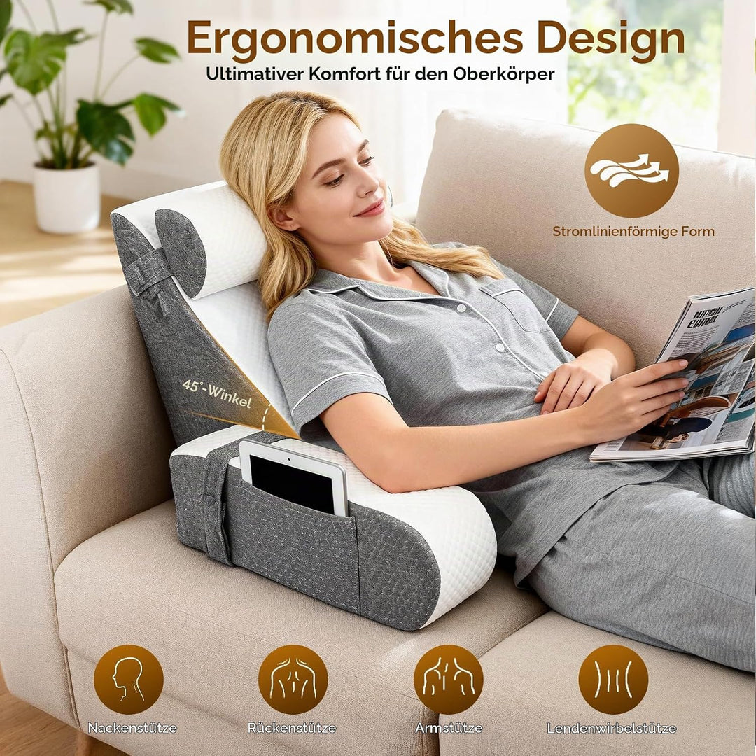 Lesekissen mit Abnehmbarer Nackenrolle &amp; Armlehne, Ergonomisches Rückenkissen Bücherkissen mit Stora