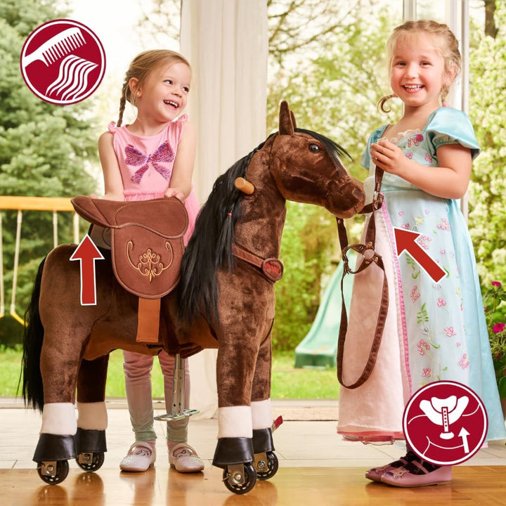 PONNIE Reitpferd mit Rollen Happy S (3-6 Jahre), Spielpferd zum Reiten mit Abnehmbarer Braun Sattel