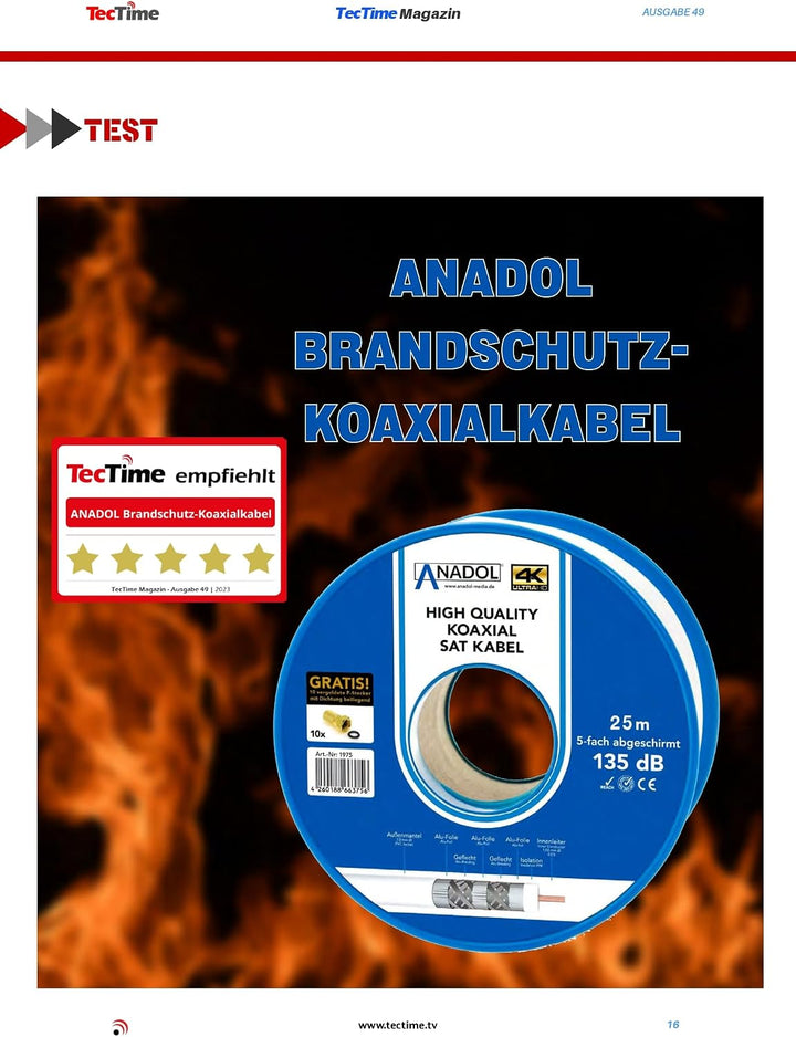 [Test SEHR GUT *] Anadol 100m Brandschutz Koaxialkabel 135dB, 5fach geschirmt, 7mm, Koaxial Satkabel
