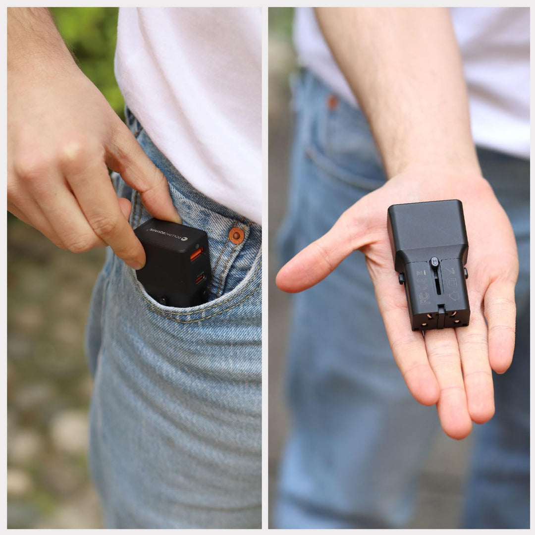 Rolling Square Pocket Travel Charger – Universal-Ladeadapter mit USB-C und USB-A Buchse, perfekt für