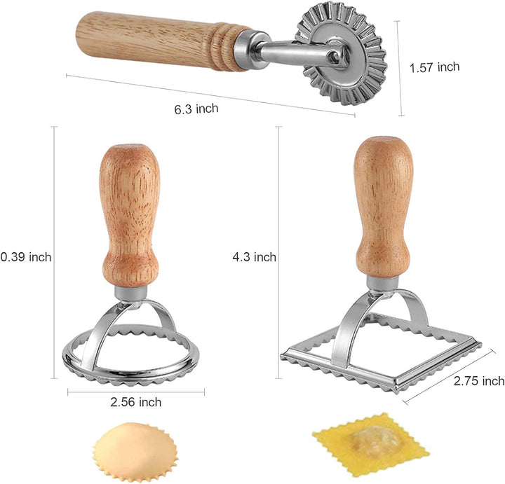 Ravioli Maker Stamper Cutter mit Roller Wheel Set, Pasta Maker Form mit Holzgriff und geriffeltem Ra