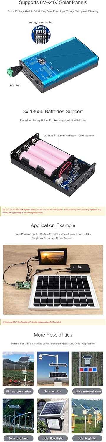 Solar Power Manager (C), Compatible with 6V~24V Solar Panels, Supports 3X 18650 Batteries(Not Includ