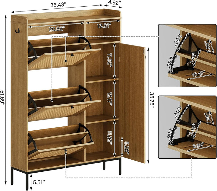 Garvee Schuhschrank Mit 3 Klappfächern &amp; 4 Offenen Regalen – Rattan-Design, Verstellbare Ablagen, Me