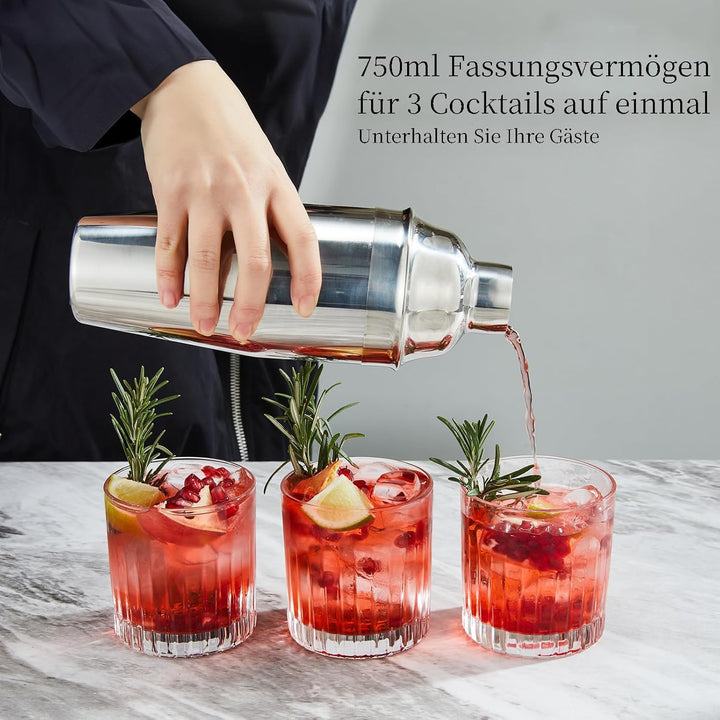 Cocktail Shaker Set, Edelstahl Cocktail Set mit Zubehör & Rezeptkarten, 750ml Barkeeper Set für Zuha