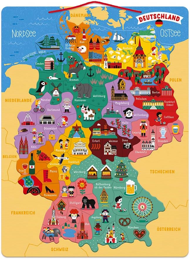 Janod Deutschlandkarte, magnetisch, Puzzle für Kinder aus Holz, 79 magnetische Teile, Entdecken und