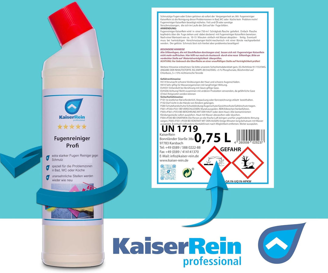 KaiserRein Fugenreiniger flüssig 10x750 ml befreit verkalkte und mit Fett, Öl oder Schmutz zugesetzt
